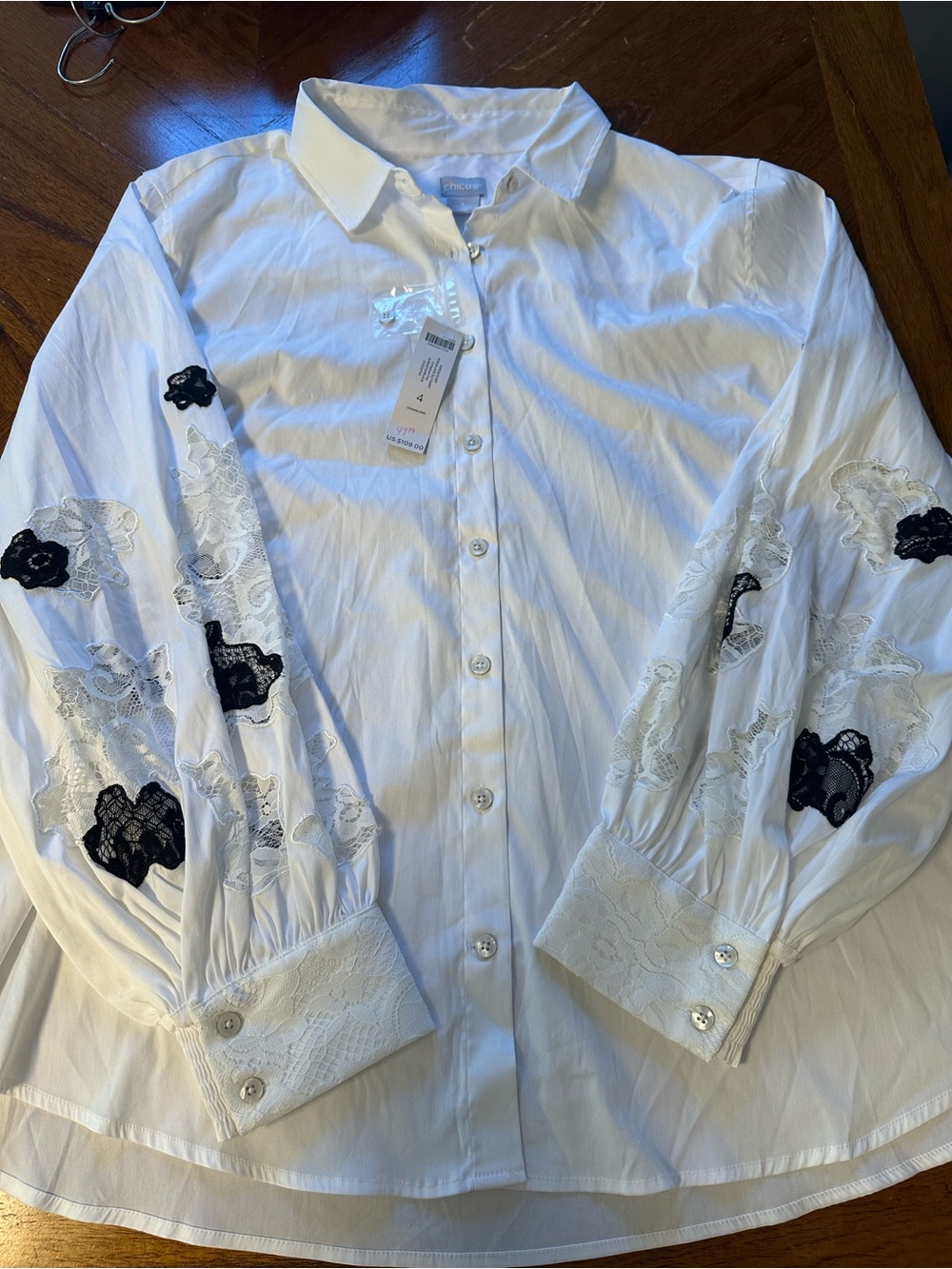 Chico's White Button-Front Shirt with Black Lace Floral Appliqué